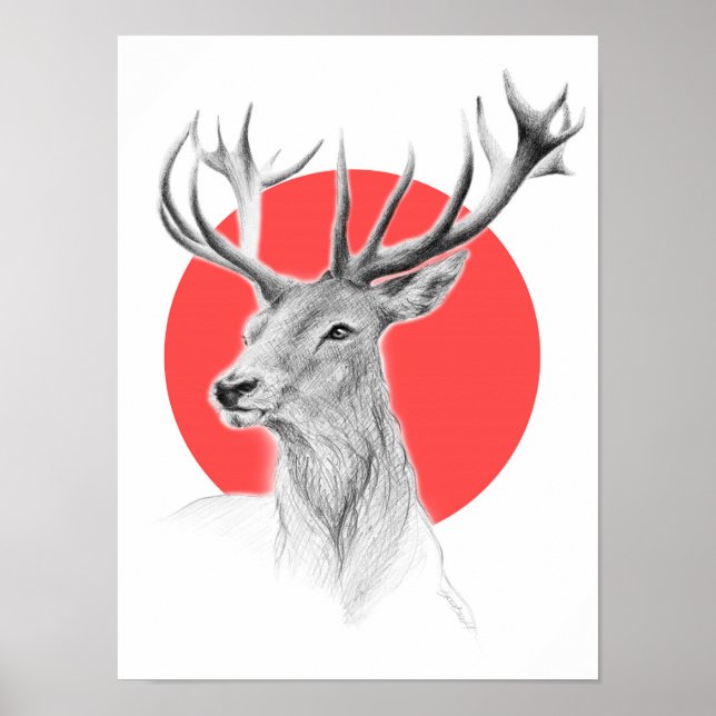 Deer portrait pencil drawing red by EDrawings38 Poster (Front)