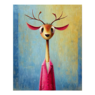 Deer Portrait - Pink Coat - Cartoon Comic Poster
