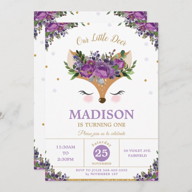 Deer Purple Floral Woodland Animals Birthday Party Invitation (Front/Back)