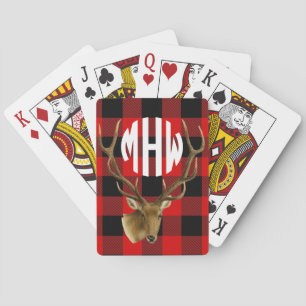 Deer Red Black Wht Circle Monogram Buffalo Plaid Playing Cards