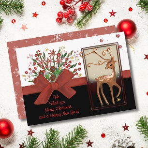 Deer Red Bow Black White Holiday Card
