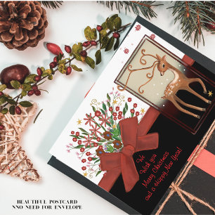 Deer Red Bow Black White Holiday Postcard