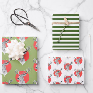 Deer Red circle Green stripes Christmas pattern Wrapping Paper Sheet
