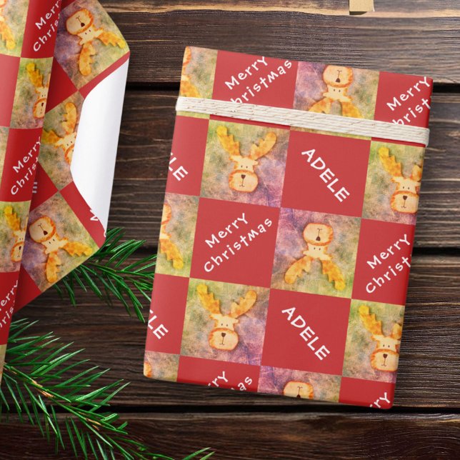 Deer Reindeer Kids Name Merry Christmas Holiday   Wrapping Paper (Creator Uploaded)