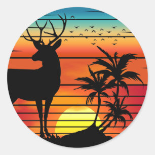 DEER RETRO SUNSET  CLASSIC ROUND STICKER