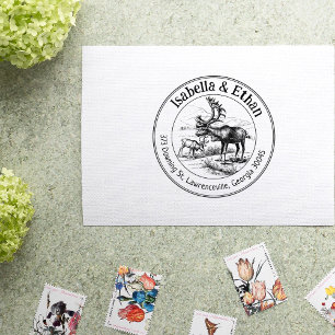Deer Return Address Couple, Circle  Rubber Stamp