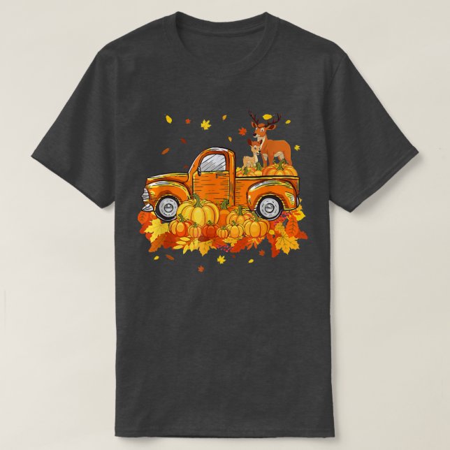Deer Riding Truck Pumpkin Autumn Leaves Fall  T-Shirt (Design Front)