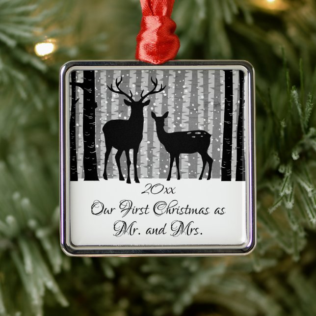 Deer Rustic Winter First Christmas as Mr and Mrs Metal Ornament (Tree)