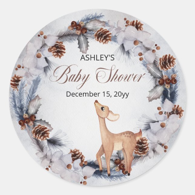Deer Rustic Winter Floral Baby Shower Classic Round Sticker (Front)