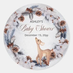 Deer Rustic Winter Floral Baby Shower Classic Round Sticker