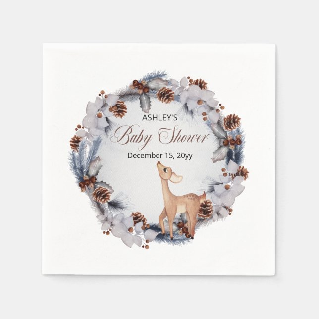 Deer Rustic Winter Floral Baby Shower Napkin (Front)