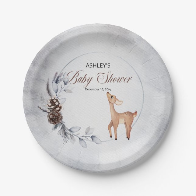 Deer Rustic Winter Floral Baby Shower Paper Plate (Front)