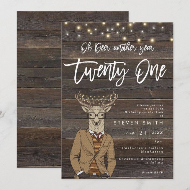 deer rustic wood lights 21st birthday invitation (Front/Back)
