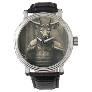 deer samurai Battlefield black leather watch