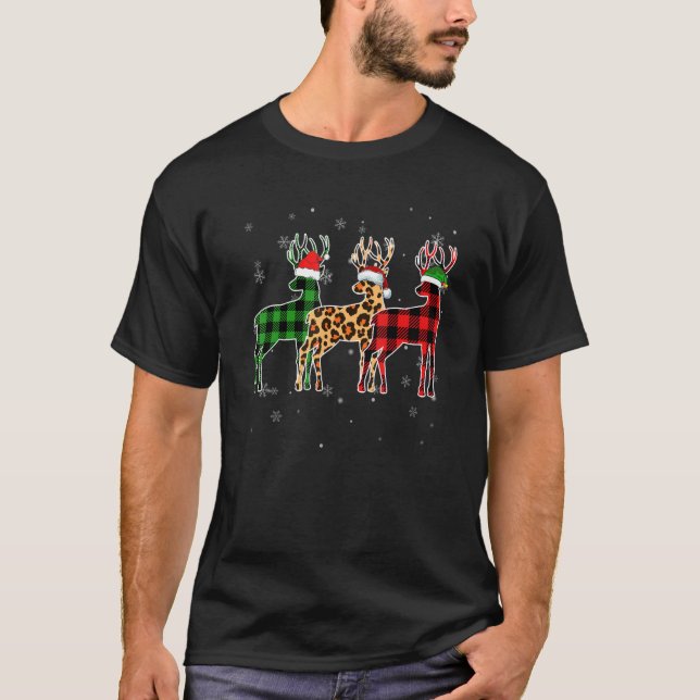 Deer  Santa Hat Christmas Pajama Buffalo Plaid T-Shirt (Front)