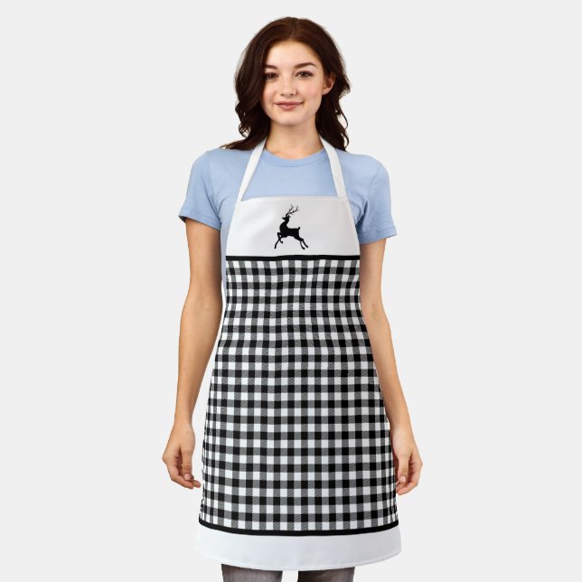 Deer Silhouette Black & White Buffalo Plaid Apron (Worn)