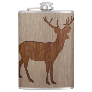 Deer silhouette engraved on wood design hip flask