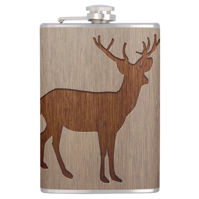 Deer silhouette engraved on wood design hip flask (Front)