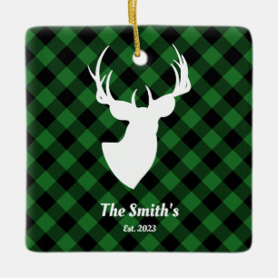 Deer Silhouette Green Black Buffalo Plaid Family Ceramic Ornament