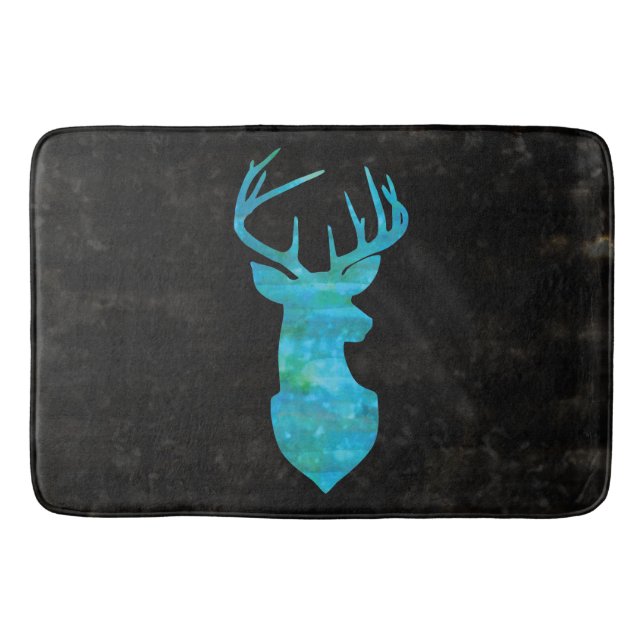 Deer Silhouette in Blue and Green Watercolors Bath Mat (Front)
