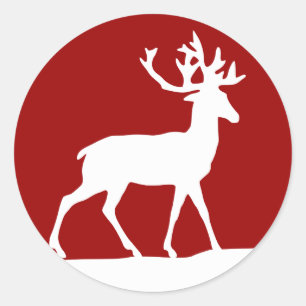 Deer Silhouette - Red and White Classic Round Sticker