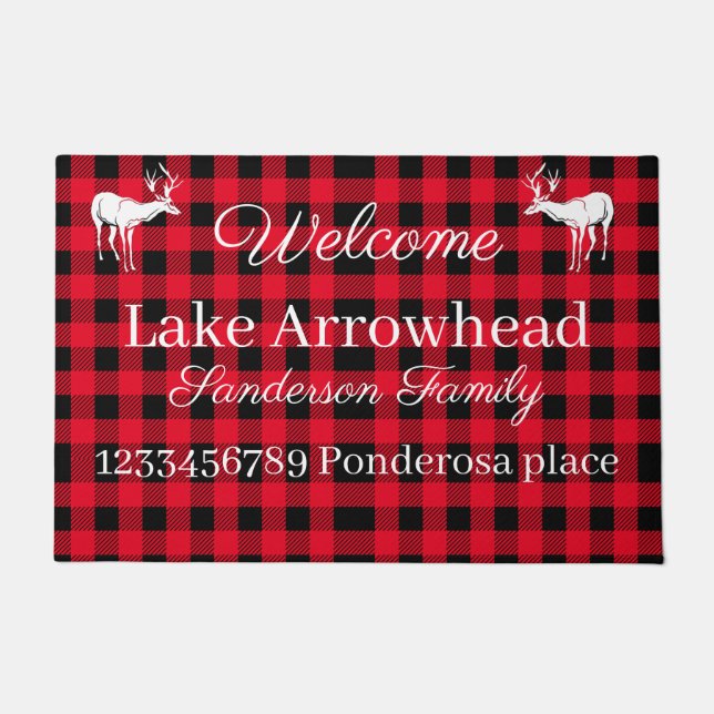 Deer silhouette Red Black Buffaloe Check  Doormat (Front)
