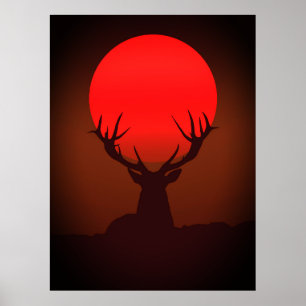 Deer Silhouette with Fiery Red Sunset Poster