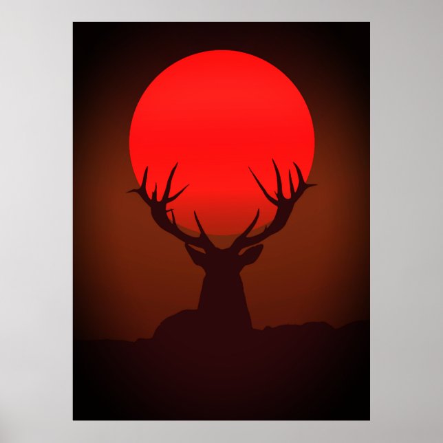 Deer Silhouette with Fiery Red Sunset Poster (Front)