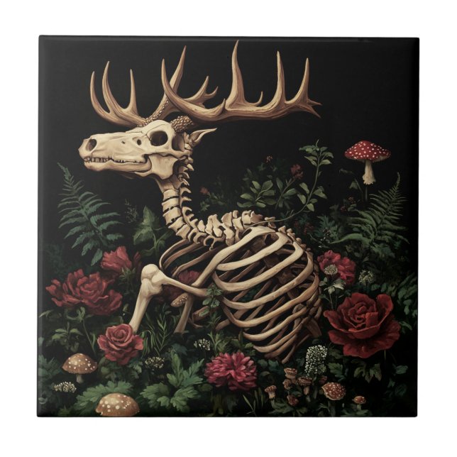 Deer Skeleton Mystical Gothic Floral  Ceramic Tile (Front)