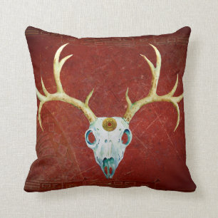 Deer Skull Antlers Ox Blood Gold Native American Cushion