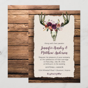 Deer Skull Dark Purple Floral Bouquet Barn Wood Invitation