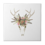 Deer Skull & Flowers Ceramic Tile<br><div class="desc">Deer Skull & Flowers I by Naomi McCavitt. Features a deer skull with flowers and feathers placed on its head.</div>
