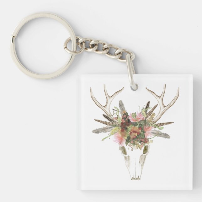 Deer Skull & Flowers Key Ring (Front)