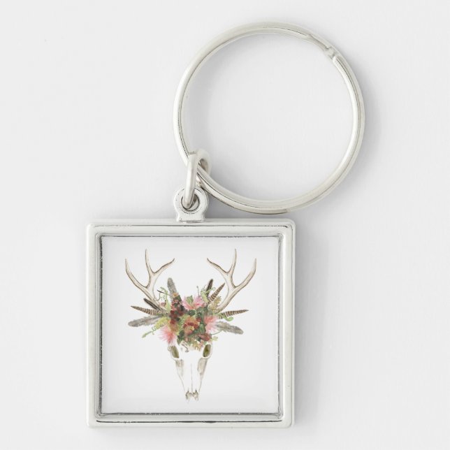 Deer Skull & Flowers Key Ring (Front)