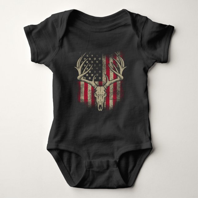 Deer Skull Hunter American Flag Deer Hunting USA Baby Bodysuit (Front)