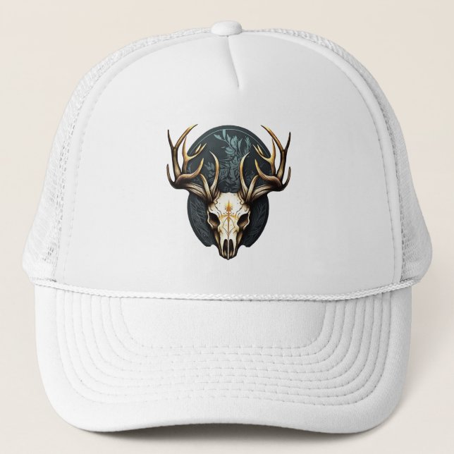 Deer Skull Large Antlers Hunting Trucker Hat (Front)