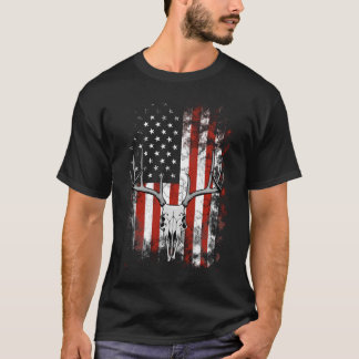 Deer Skull With Antlers And American Flag T Shirt