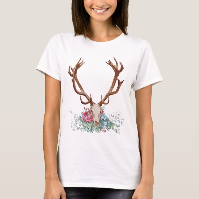 Deer Skull With Flowers 2 T-Shirt (Front)