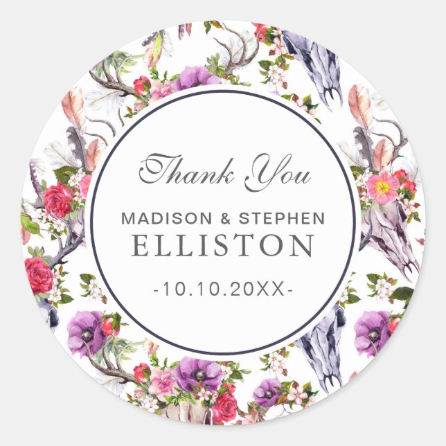 Deer Skulls, Flowers & Dream Catchers | Thank You Classic Round Sticker (Front)