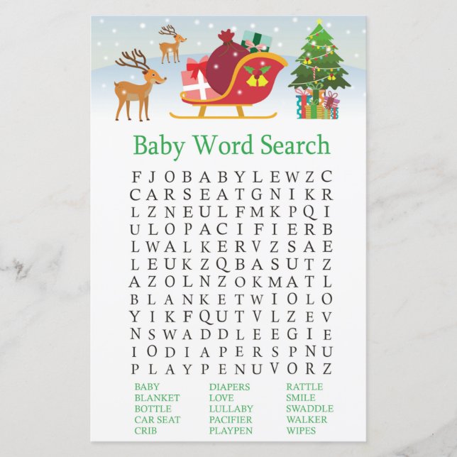 Deer sleigh with presents Baby Shower Word Search (Front)