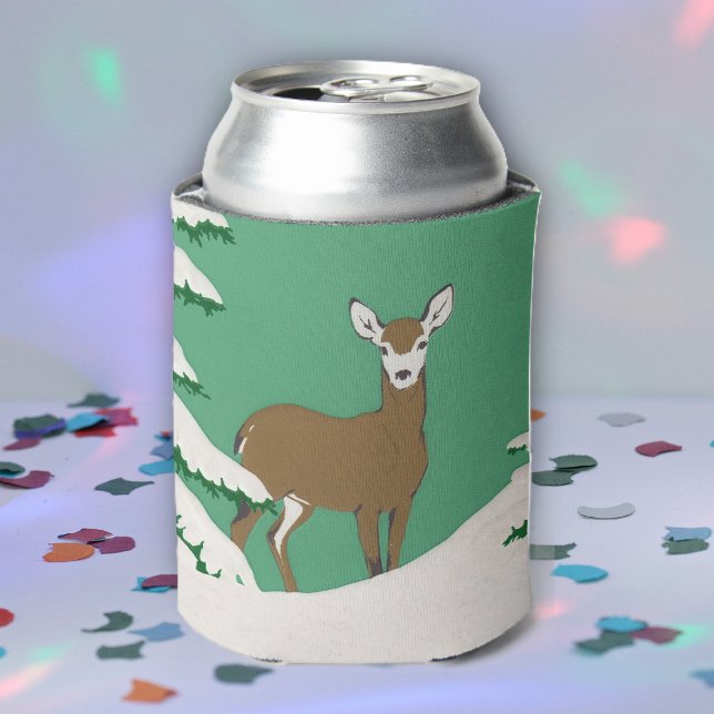 Deer Snow Winter Scene Pine Tree Can Cooler (Brown female doe deer standing in snow by pine tree on mint green drink can cooler.)