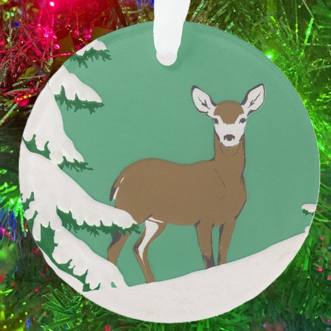 Deer Snow Winter Scene Pine Tree Ornament (White face brown female deer standing in snow by pine tree on mint green ceramic ornament.)