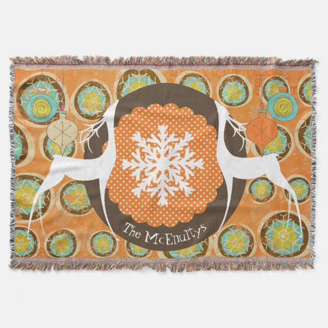 Deer, Snowflake Orbs, and Ornaments Holiday Throw (Front)