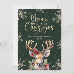Deer Snowflakes Green Merry Christmas Holiday Card
