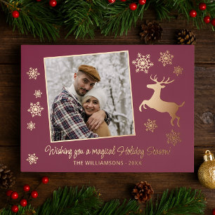 Deer & Snowflakes On Dark Pink Rose Gold Foil Holiday Card