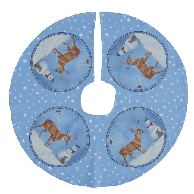 Deer & Snowman Christmas Snowflakes Faux Linen Tree Skirt (Front)