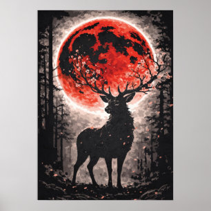 Deer, Stag, Buck in Red Moon Forest - Japanese Art Poster