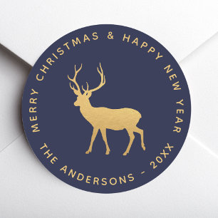 Deer Stag Christmas Navy Blue Elegant Faux Gold Classic Round Sticker