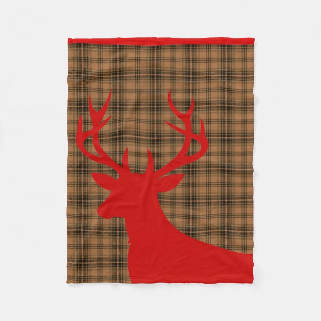 Deer Stag Silhouette Plaid | brown red Fleece Blanket (Front)