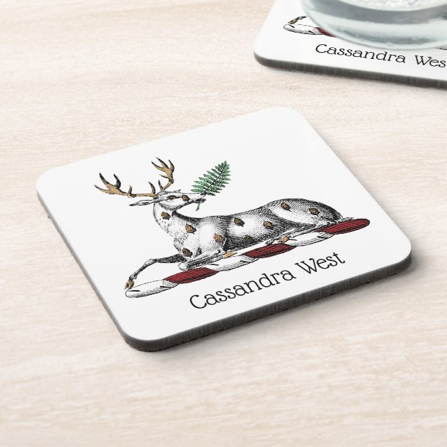 Deer Stag with Fern Heraldic Crest Emblem Coaster (Left Side)